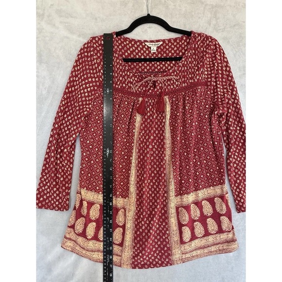 Lucky Brand Top Womens Small Red V-Neck Long Sleeve Boho Tunic Blouse Tassel - Picture 4 of 8